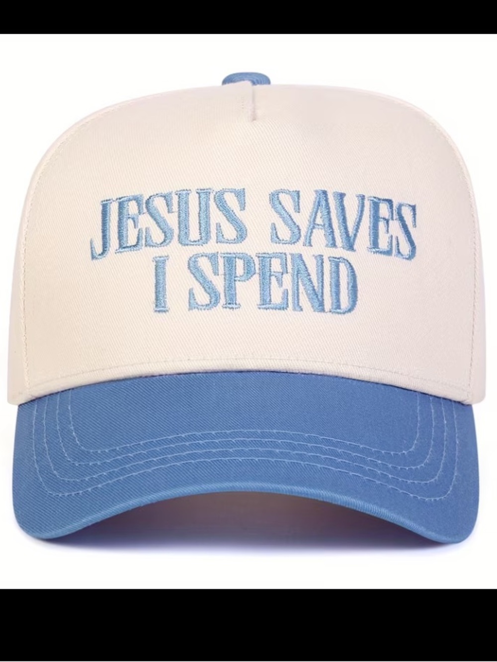 New White & Light Blue Baseball Cap with 'JESUS SAVES I SPEND' Embroidery
